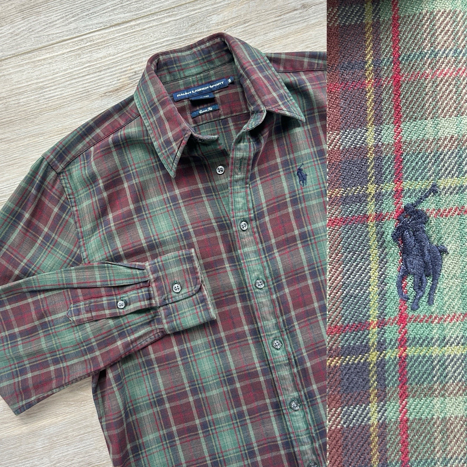 Ralph Lauren Sport Women's Size 8 Classic Fit Green Plaid Flannel Button Up